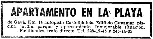 Anuncio de los apartamentos GAVAMAR de Gav� Mar publicado en el diario LA VANGUARDIA (17 de Diciembre de 1965)